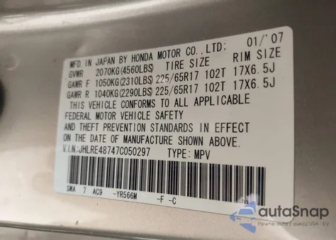 2007 Honda Cr-V Ex-L z USA, uszkodzony, nr VIN JHLRE48747C050297